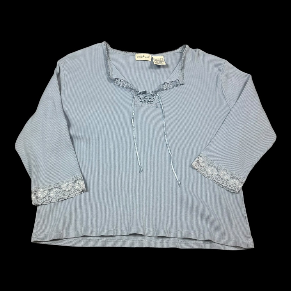 Vintage White Stag Blue Ribbed Lace Hem Long Sleeve Shirt Women's XL FLAW